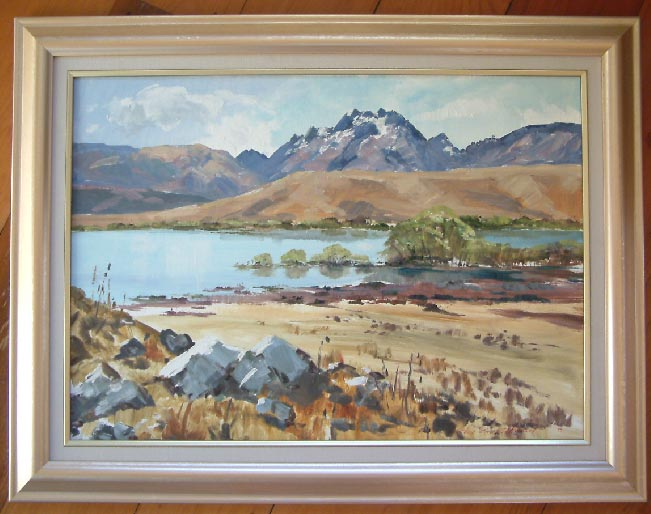 Signed New Zealand painting of Godley peaks from Lake McGregor by NZ artist Aston Greathead dated 1967